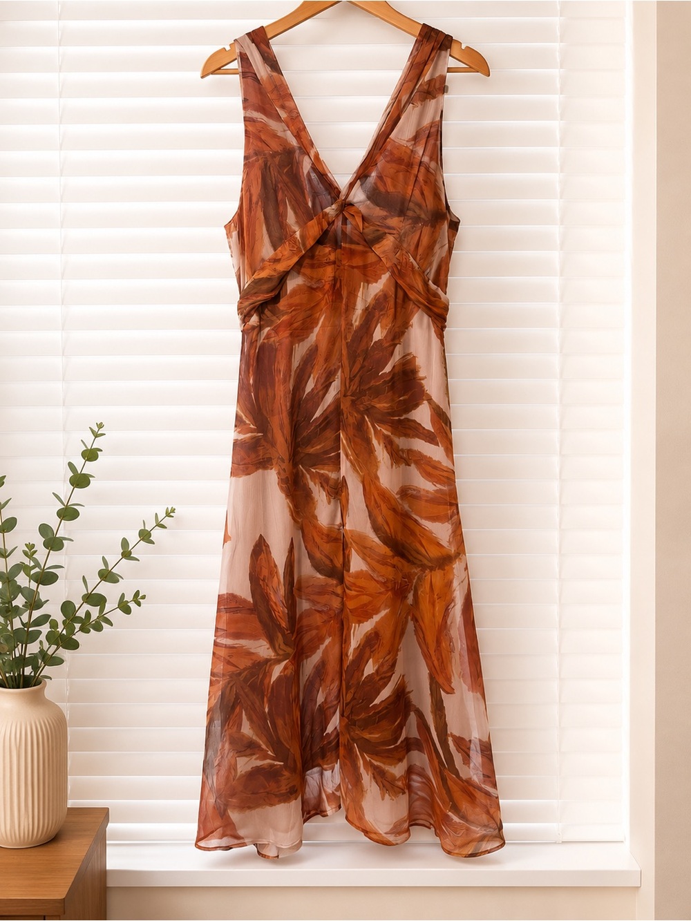 Zara Brown Leaf-Print Midi Dress